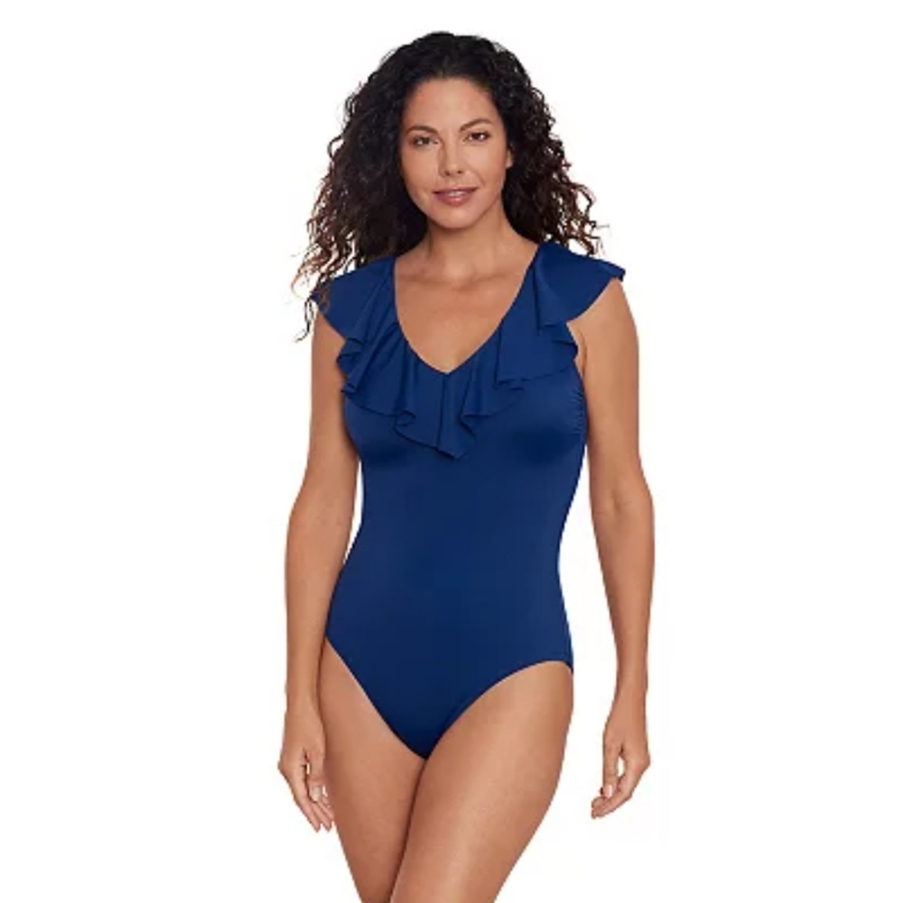 Bal Harbour Tummy Control One-Piece Swimsuit, V-Neck Ruffled Navy Blue, 18
